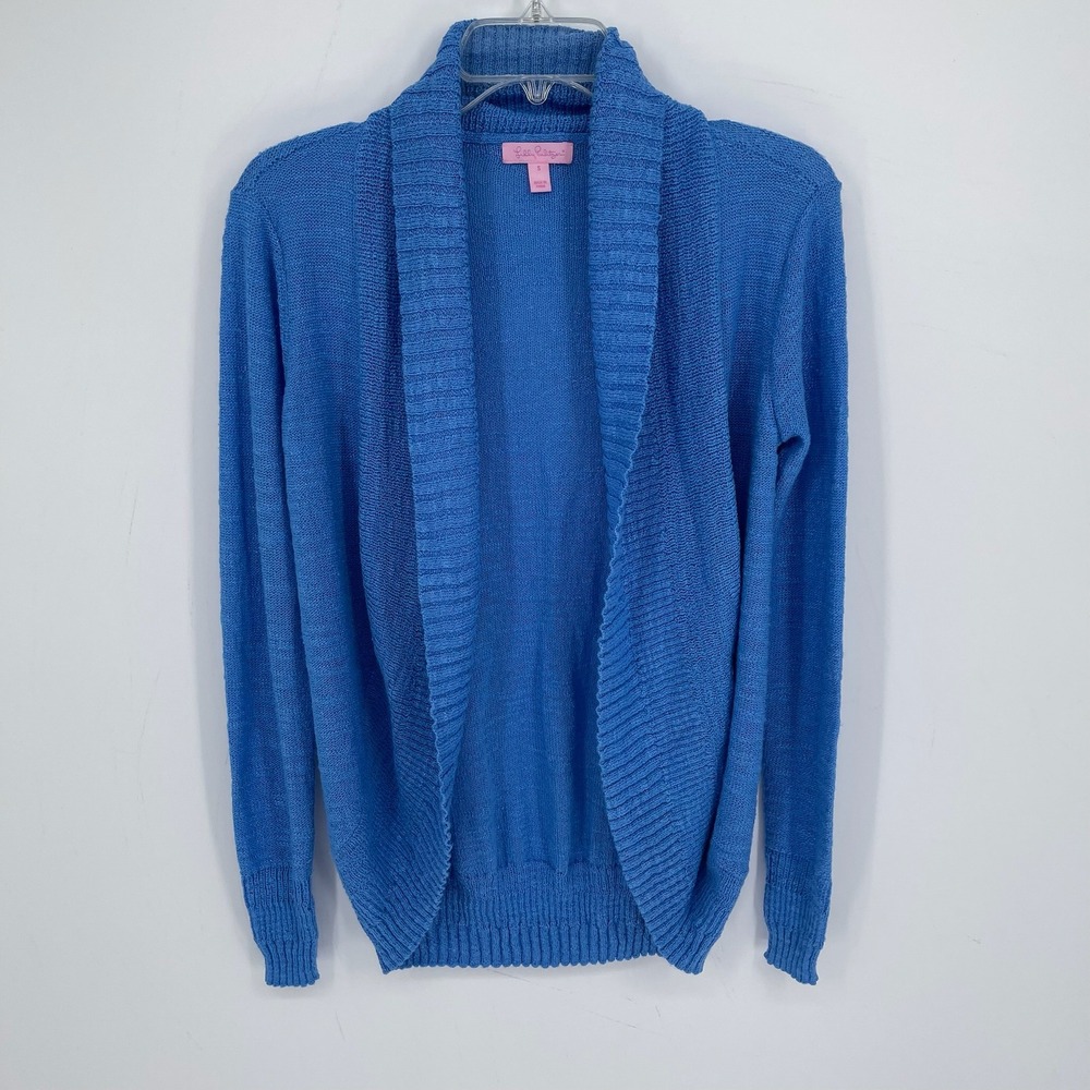 Lilly Pulitzer Women's Blue Shawl Collar Open Front Knit Cardigan Sweater Size S